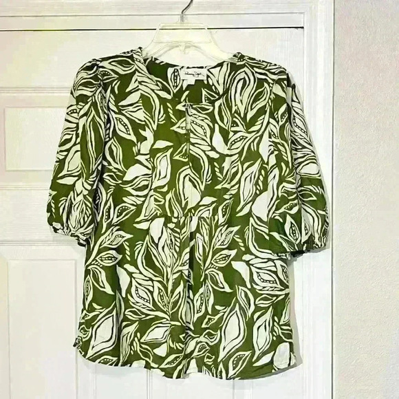 Panama Jack Womens Clasp Garden Beach Leaf Print Linen Rayon Blouse Size Large - Picture 1 of 7
